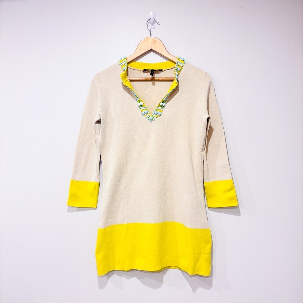 BCBGMAXAZRIA Two-Tone Beige‎ & Yellow Beaded Trim Tunic Top | X-Small *